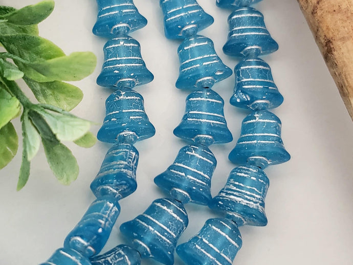 Aqua Blue Silver Wash - Czech Bells - 10mm - 6pcs