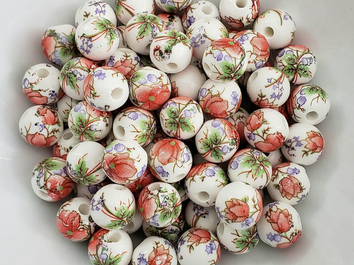 Rumba Orange - Flower Decal Porcelain Beads - 10mm - 10pcs