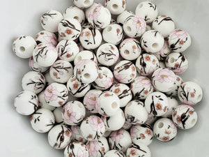 Pink Blossom - Flower Decal Porcelain Beads - 10mm - 10pcs