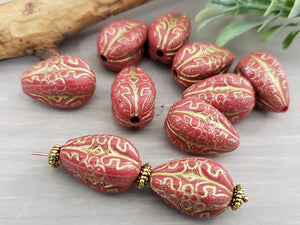 Coral Red Gold Swirl Melon Teardrops - 18x10mm - 8pcs