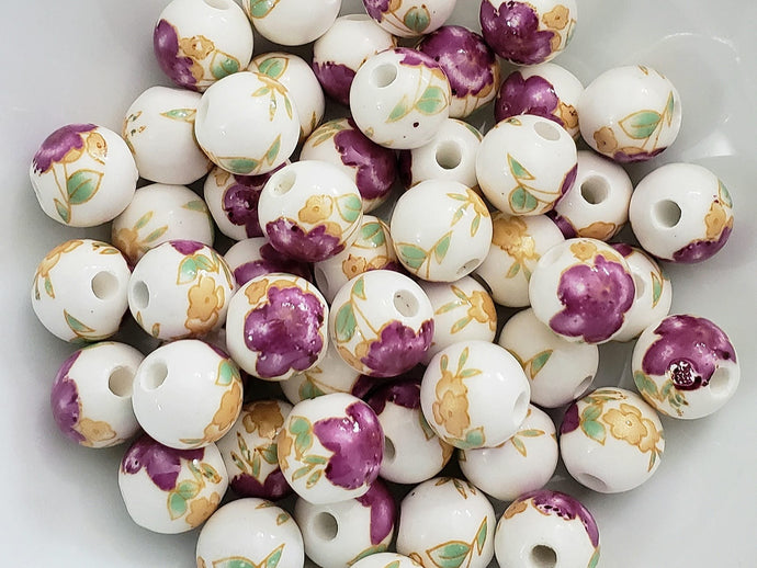 Purple Ochre - Flower Decal Porcelain Beads - 10mm - 10pcs