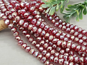 Red - Silver Luster Faceted Crystals  - 8x6mm - 16" Strand