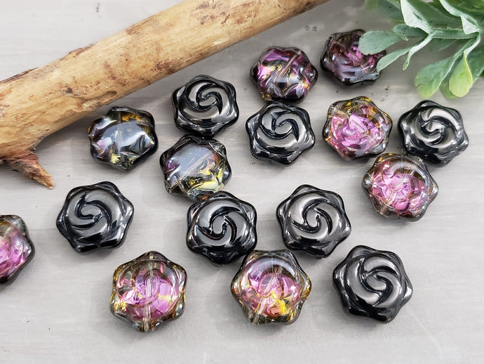 Midnight Blush - Carved Flower Glass Beads - 15mm - 10pcs