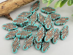 Opaque Turquoise Copper Wash - Arabesque Czech Beads - 19x9mm - 6pcs