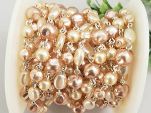 Neutral Pearl Mix - Beaded Czech Silver Plated Chain - 6-8mm - 12"/1 ft