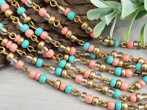 Turquoise Blush - Gold Plated Czech Seed Bead Chain - 6/0 - 12"/1 ft