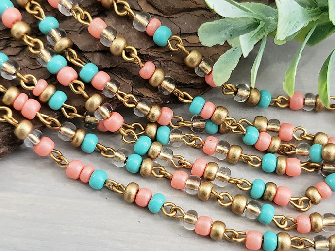 Turquoise Blush - Gold Plated Czech Seed Bead Chain - 6/0 - 12