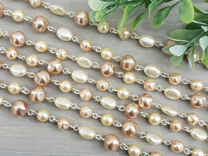 Neutral Pearl Mix - Beaded Czech Silver Plated Chain - 6-8mm - 12"/1 ft