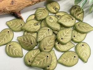 Muted Green Gold Wash - Czech Apple Leaf - 18x13mm - 10pcs