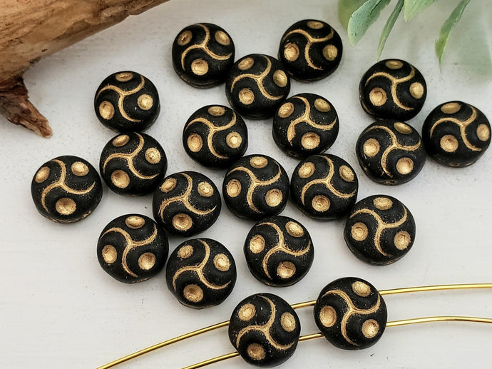 2-Hole Fancy Black Gold Wash - Czech Coin - 8mm - 10pcs