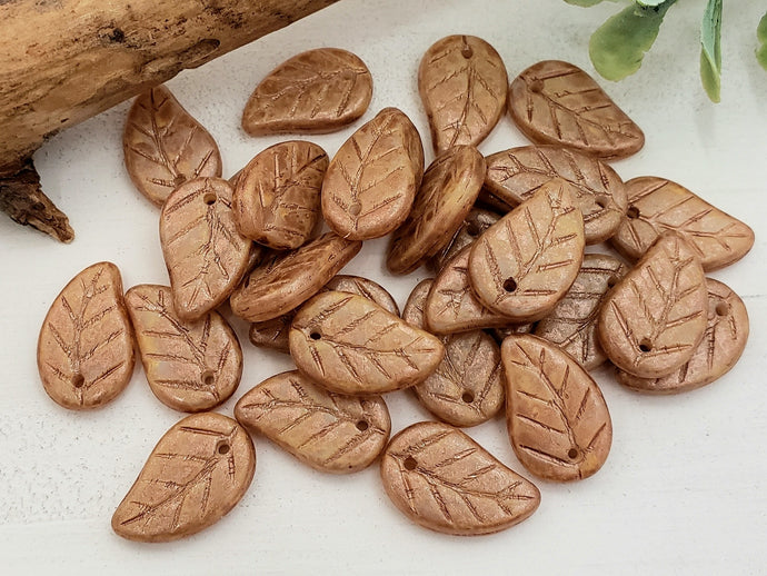 Top Drilled Cream Picasso - Czech Elm Leaves - 14x9mm - 15pcs